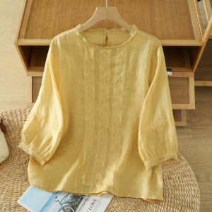 Slimming Lace Yellow Round Neck Short Sleeve Shirt Women Large Size