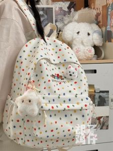 Large Capacity Polka Dot Backpack Girls Cartoon Dog Soft Shoulder Bag Commuter Style Zipper Closure Casual Daily Backpack