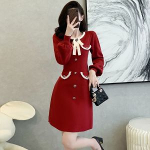 French Style Knitted Red Dress with Butterfly Knot High Waist A-Line Skirt for New Year Autumn Winter New Arrival Street Style