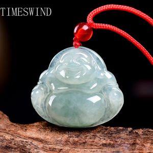 TIMESWIND Natural Original Myanmar A-type Jade Light Green Laughing Buddha Pendant Women Necklace Fashion Jewelry with Certificate