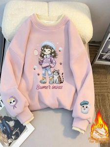 Cute Cartoon Printed Pseudo Two-Piece Thickened Round Collar Sweatshirt