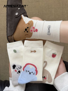 White Cotton Mid-Calf Socks Womens Spring Autumn Thin Summer Cartoon Print Long Socks Breathable Moisture Wicking Home Wear