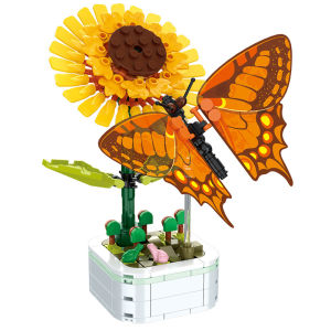 Mini Rose Butterfly Potted Plant Bonsai Flower Block Rose Decoration DIY Building Block Model Educational Toys For Kids Gift