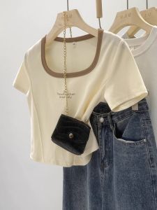 เสื้อยืดแขนสั้นผ้าฝ้ายแท้คอกลมทรงเข้ารูปสำหรับผู้หญิง ฤดูร้อน 2025 แฟชั่นใหม่ เสื้อตัวบนสั้น สไตล์เกาหลี ทรงเข้ารูป