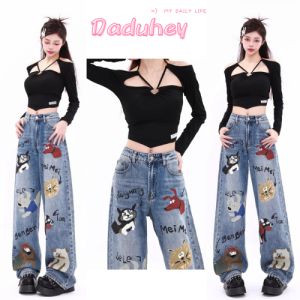 DaDuHey New American Ins High Street Retro Embroidered Jeans Niche High Waist Wide Leg Pants plus Size Trousers
