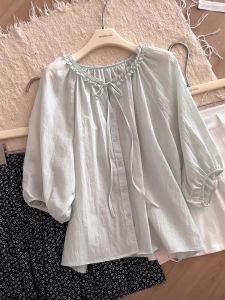 เสื้อเชิ้ตผู้หญิงคอตั้งแขนยาวครึ่งตัวสไตล์เกาหลีสีเขียวอ่อนพร้อมโบว์ผูกเชือกฤดูร้อน