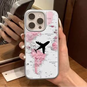 Pink Airplane Route Electroplated Drop Glue Phone Cases For iPhone 17 Air 16 15 14 13 12 11 17 Pro Max 16 15 14 13 12 Pro Coque