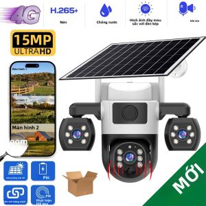 Hệ Thống Camera An Ninh Ngoài Trời 4G Sim 3 Ống Kính Độ Phân Giải 15MP HD Tích Hợp Năng Lượng Mặt Trời 3 Màn Hình Phát Hiện Chuyển Động PIR Tầm Nhìn Ban Đêm Chống Nước