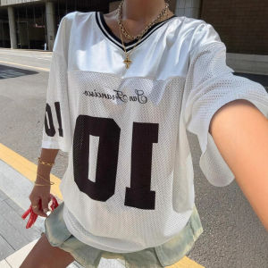 Sporty Graphic Tee Letter Print Contrast Panels Loose Fit Shoulder Sleeve V-Neck Short Sleeve Womens Casual T-Shirt