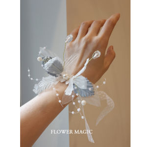 /ดอกไม้ประดิษฐ์ดอกไม้ข้อมือสำหรับงานแต่งงานเจ้าสาวและเพื่อนเจ้าสาวสีเทาสีฟ้าระดับไฮเอนด์สวยงาม