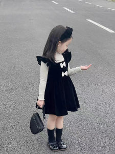 Autumn Winter Velvet Dress Hepburn Style Vest Princess Skirt for Little Girls Korean Version A-Line Skirt Daily Wear