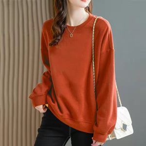 เสื้อสเวตเตอร์คอกลมแขนยาวผ้าฝ้ายแท้สไตล์เกาหลีสำหรับผู้หญิง ทรงหลวม แฟชั่นฤดูใบไม้ร่วง/ฤดูหนาว เสื้อยืดพิมพ์ลาย ไซส์ใหญ่