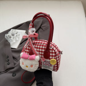 Cartoon Cat Pattern Shoulder Crossbody Bag Red Plaid Shell Design Handbag Stylish Autumn Winter New Arrival for Young Women