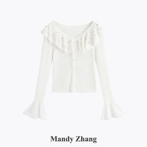 Silk-Wool Blend Ruffled Beaded Knit Top