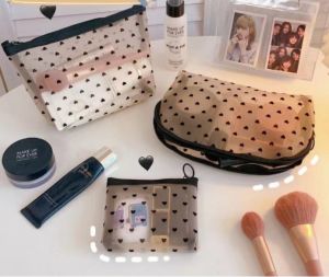 travel organizer set pouch for make up kit Makeup Bag Cute Clear Travel Zipper Black Heart Simple Large Capacity Portable Pen Bag