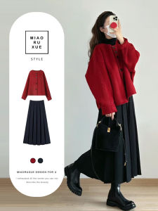 ชุดเดรสสีแดง ชุดกระโปรงยาวทรงเอเอวสูง แขนยาว ปกติ ฤดูใบไม้ร่วง/ฤดูหนาว ชุดกระโปรงสองชิ้นสำหรับผู้หญิง