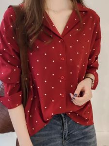 เสื้อเชิ้ตคอโปโลลายจุดแขนยาวสไตล์เกาหลีแฟชั่นฤดูใบไม้ผลิและฤดูใบไม้ร่วง เสื้อเชิ้ตผู้หญิงทรงตรง 100% Polyester