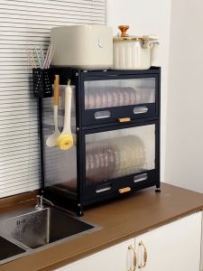 Kitchen Countertop Double Layer Cabinet with Door Dishware Storage Rack Bowl Plate Draining Stand Metal Floor Mounted