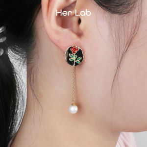 Her Lab Jewelry | Rose men ngọc trai nước ngọt Bông tai lủng lẳng mạ vàng thiết kế có dây thanh lịch đồ trang sức hoa cho phụ nữ