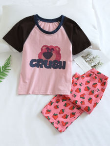 Cotton Pajamas Childrens Summer Knitted Pure Cotton Thin Bear And Strawberry Short Sleeve Long Pants Girls Cotton Sleepwear Home Clothes Parent-Child Outfit