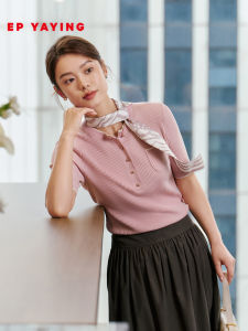 EP YAYING Womens Knitted Top round Neck Short Sleeve Texture Vertical Stripes Minimalist Style Early Autumn New Arrival