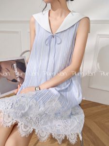 PlumJan | Đầm Dài Trung Bình Màu Xanh-Đắng Có Thêm Ren Không Tay Cổ Tàu