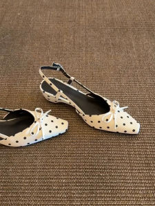 FANGXI | Goat Leather French Polka Dot Bow Ankle Strap Block Heel Shoe