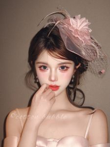 French Style Pink Tulle Hat Feminine Birthday Headwear Bridal Accessory Elegant Lady Headpiece for Womens Dresses