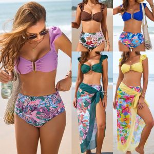 2026 New Ruffle High Waist Bikini Sets Swimsuit For Women Swimwear U-Neck Bathing Suit Solid Top Print Bottoms Swimming Suit XXL