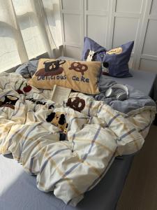 Cute Coffee Dog Towel Embroidered Washed Cotton Bedding Set Three Piece Mix Match Duvet Cover Three Piece Korean Style Home Textile