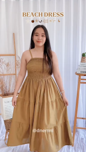 DNEMNLPH Laine One Side Shoulder Puff Sleeves Smocked Maxi Dress -Trendy Korean BKK Garter Basic Beach Long wave layered Free Size Garter Plain Puff Sleeves