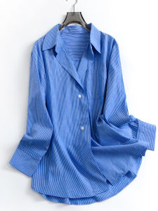 เสื้อคาร์ดิแกนคอปกหลวมๆ ลายทางสีฟ้าและสีขาว ทรงหลวม แขนยาว สไตล์ฤดูใบไม้ผลิและฤดูใบไม้ร่วง สำหรับผู้หญิง