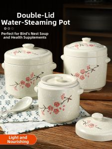 NAIFUNA | Dual Lid Household Ceramic Pot for Birds Nest Steaming Egg Stew