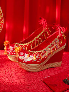 Red Wedding Shoes Womens Pearl Strap High Heels Hanfu Shoes Increased Height Chinese Style Show Heel Tang Style Upturned Head