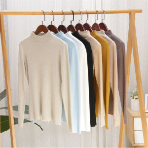 เสื้อสเวตเตอร์คอปกกลางแขนยาวผู้หญิงฤดูหนาว เสื้อชั้นในผ้าขนสัตว์อบอุ่น คอปกกลาง ทรงหลวม สีพื้น