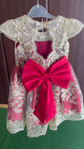 2006#Elegant Lace Embroidered Tulle Baby Girl Dress with Short Sleeves and Bow Detail4-10YEARS