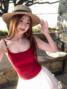 MENGBAI | Áo Thun Quai Đeo Phong Cách Thái Đỏ