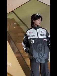 American High Street Design Advanced Trend pu Leather Jacket Mens and Womens Printed Stand Collar Couple Motorcycle Jacket Mens Fashion Brand