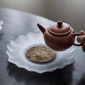 New Chinese Style Portable Tea Tray Matte Crystal Glass Lotus Design