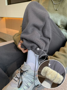 Deep Grey Lamb Velvet Sports Pants Womens Autumn 2025 New American Wide Leg Fleece Lined Thickened Cuffed Sweatpants