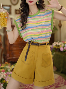 Shalldoer | ชุดสองชิ้นแขนกุดลายทางสีสันสดใสสำหรับผู้หญิงในช่วงฤดูร้อนปี 2025 ชุดทำงานสไตล์เกาหลีสุดหรูหราพร้อมกางเกงขาสั้นเอวสูง