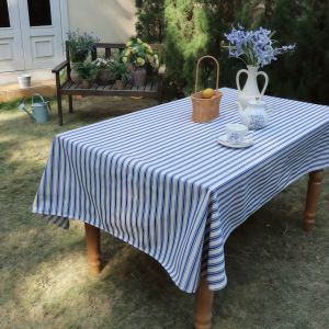 Bàn Ăn Hình Chữ Nhật Ngoài Trời Phong Cách Nhật Bản Chống Bụi Màu Xanh Sọc Vải Cotton Lanh Phong Cách Đồng Quê