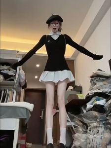 Polo Shirt Fake Two-Piece Simple Color Matching Long-Sleeved Casual Female Student Suit Skirt