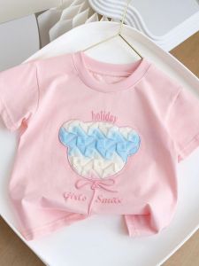 Sweet Candy Colored Cartoon Bear Girls Cotton T-Shirt Short Sleeve Dopaamine Illusion Pink Top for Little Girls Kids Clothing