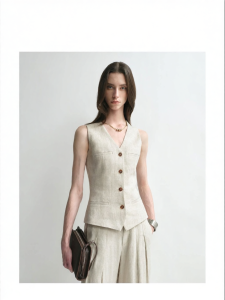 Silk Linen Blend Vest Top V-Neck Waist-Cinching Slim-Fit