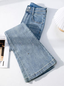 Summer Thin High Waist Slimming Womens Jeans with Sparkling Rhinestones Wide Leg Casual Style Cotton Polyester Blend