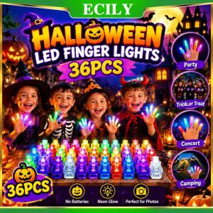 ECILY 36PCS Halloween LED Finger Lights Halloween Light Up Rings Neon Party Favors Glow In The Dark Rave Party Trick or Treat Gifts