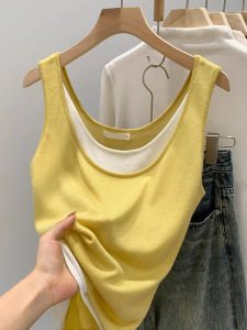CHOEFULYN | Yellow Icy Silk Faux-layered Sleeveless Tank Top
