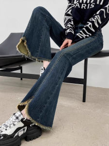 สูง เอว บาน กางเกงยีนส์ ผู้หญิง พรางหุ่น แฟชั่นย้อนยุค ขอบรุ่ย ความยาวพื้น กางเกง แบรนด์แนะนําขายดีที่สุด