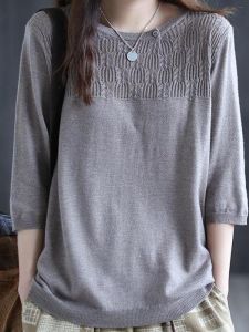 Retro Artistic Knitted Top Loose round Neck Sleeveless Base Shirt Spring Summer Solid Color Ribbed Seven-Quarter Sleeve